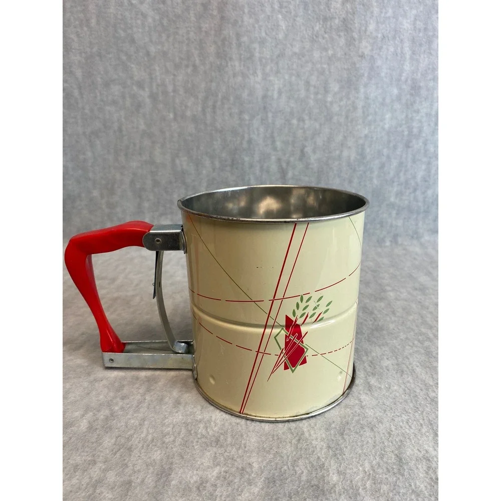 Vintage Sifter Cream Tin Flour Red‎ Handle Retro Kitchen Baking Tool Retro
